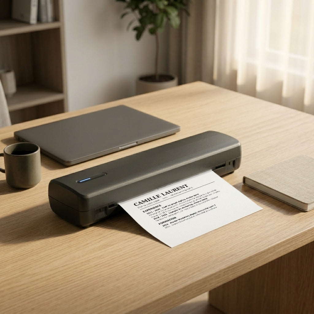 L'imprimante sur un bureau à côté d'un ordinateur portable