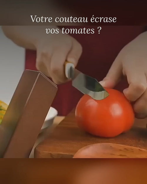 Démonstration : affûtage puis coupe nette d'une tomate