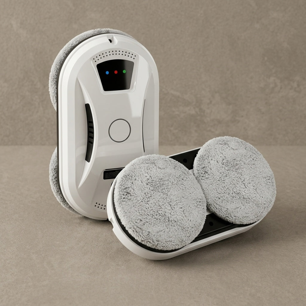 Le robot vu de face et de dessous avec ses deux lingettes rondes