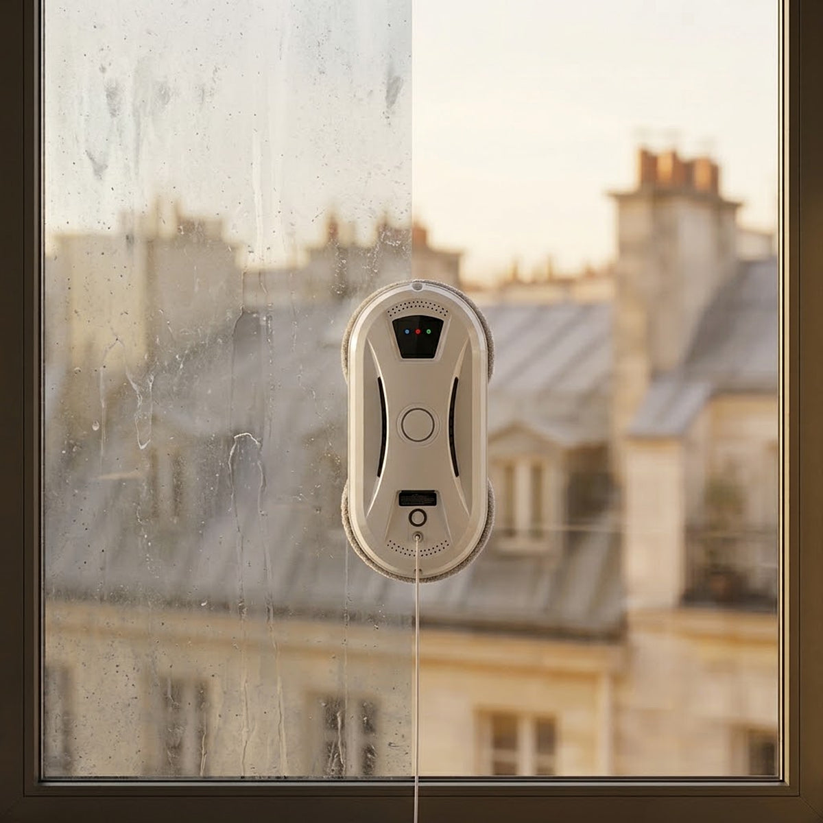 Avant / après : le robot lave-vitres nettoie une vitre sale, côté propre à droite